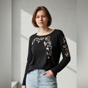 Staccato Black Long Sleeve Top with Floral Embroidery